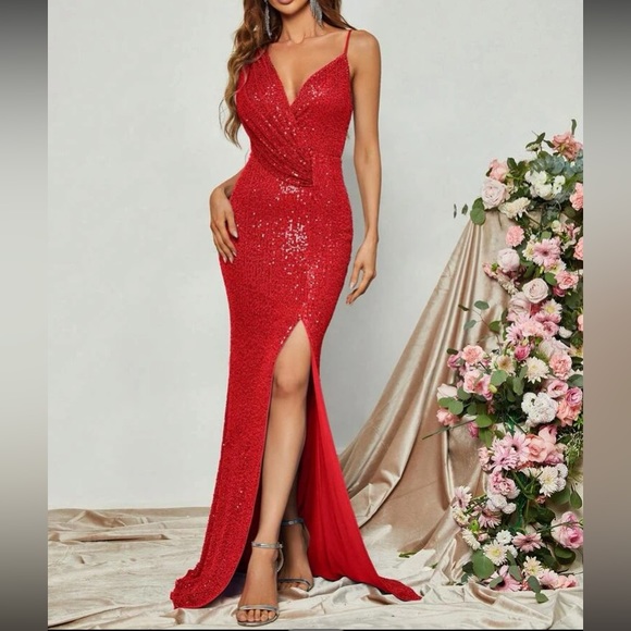 Luxe slit thigh prom wedding party sequins  dress LAST PACK - Picture 2 of 6